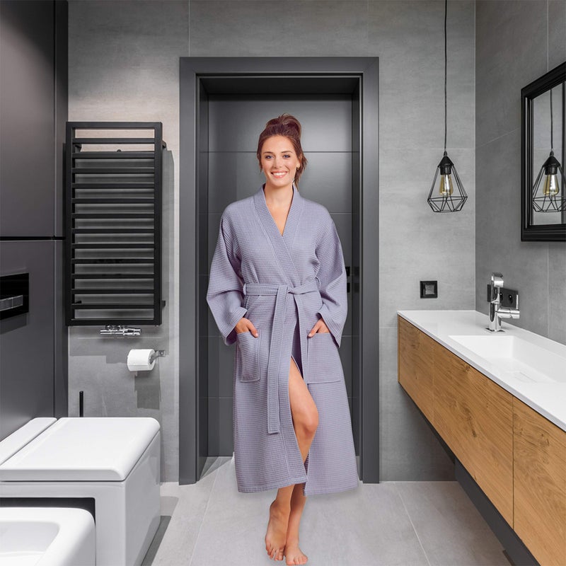 Soft Touch Linen- Luxurious Robe Soft- Absorbent Lightweight- Long Kimono Waffle Spa Bathrobe for Women- (Grey-Large) - Image 4